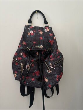 Steve Madden Black Quilted Floral Drawstring Backpack